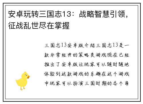 安卓玩转三国志13：战略智慧引领，征战乱世尽在掌握