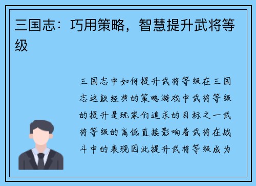三国志：巧用策略，智慧提升武将等级